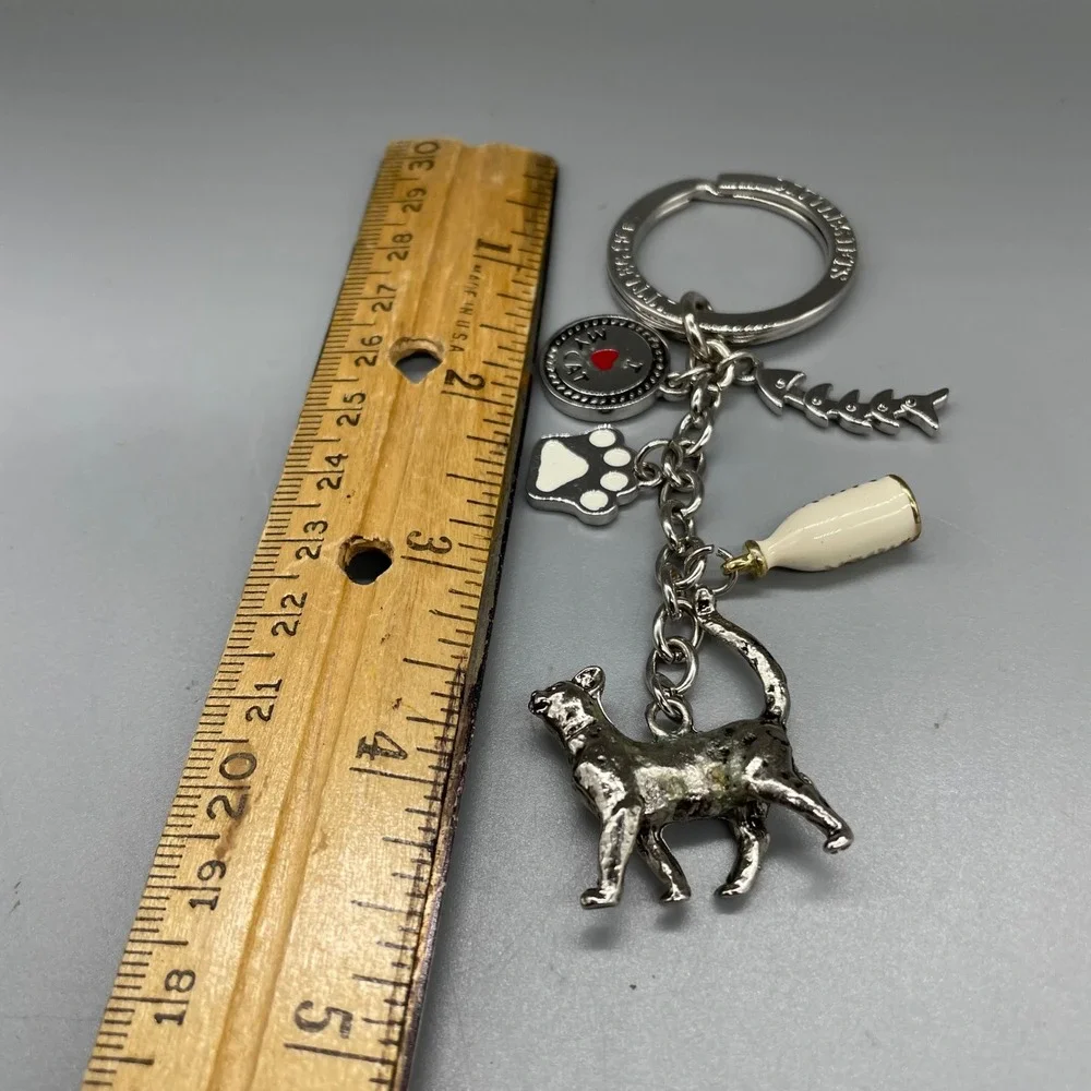 Little Gifts I Love My Cat Charm Keychain Silver Tone Fish Paw Milk Bottle Bag